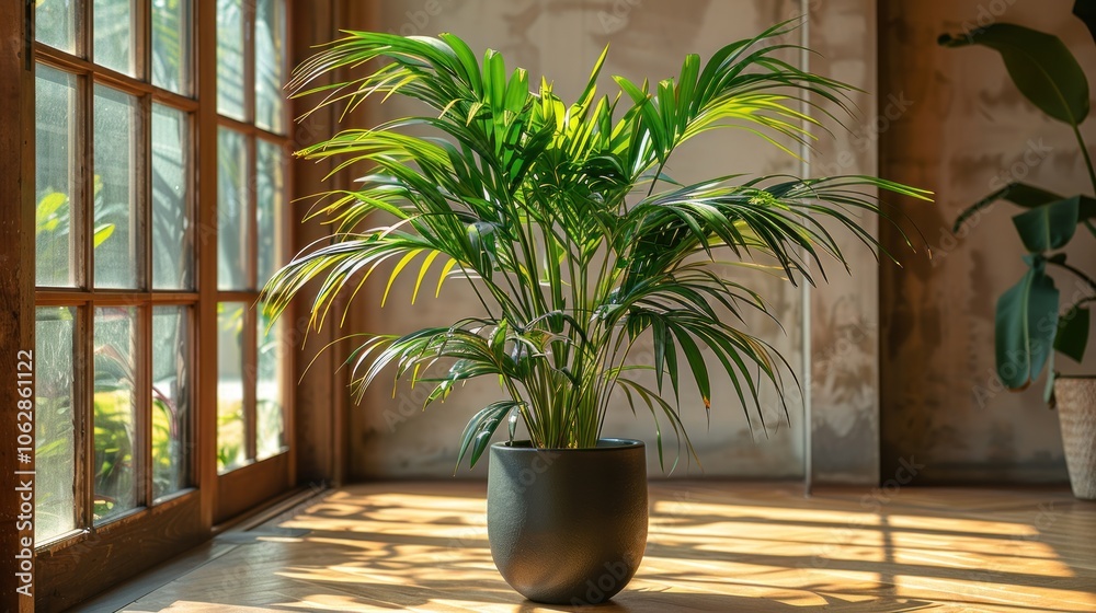 Lush green potted palm plant basking in sunlight through large windows in a cozy indoor space. Generative AI