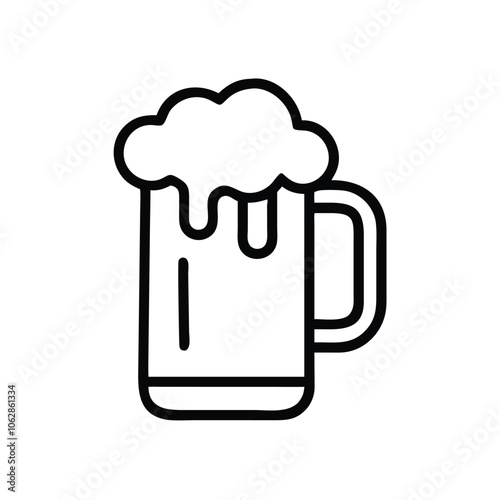 Beer mug with foam outline icon, Simple black and white outline icon of a beer mug with foam on top, symbolizing celebration or drinks, isolated on a white background.