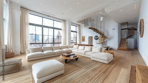 Spacious modern loft with stunning city views and elegant design in a contemporary New York apartment. Generative AI