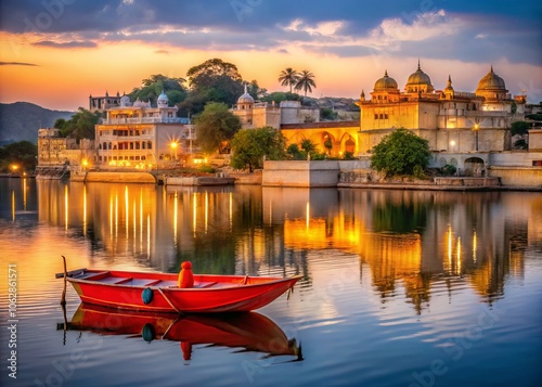 Captivating Low Light Photography of Lake Pichola, Udaipur at Dusk with an Orange and Red Boat, Reflecting Historic Ornate Buildings and Lush Trees