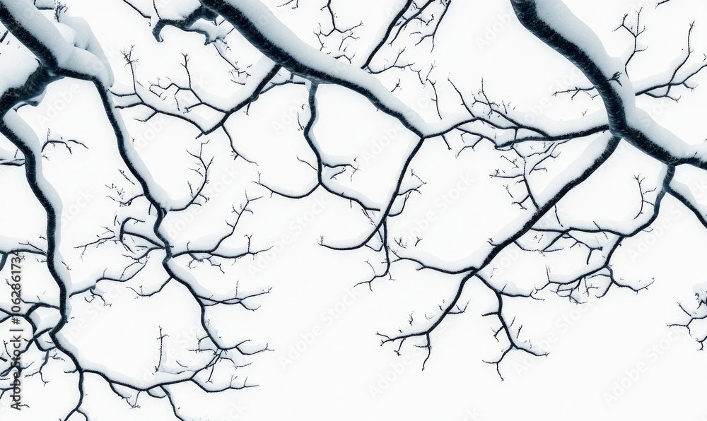 Snow-covered tree branches forming sharp, angular lines against a clear winter sky, creating a natural geometric pattern Snow-covered tree branches forming sharp, angular lines against a clear winter sky, creating a natural geometric pattern
