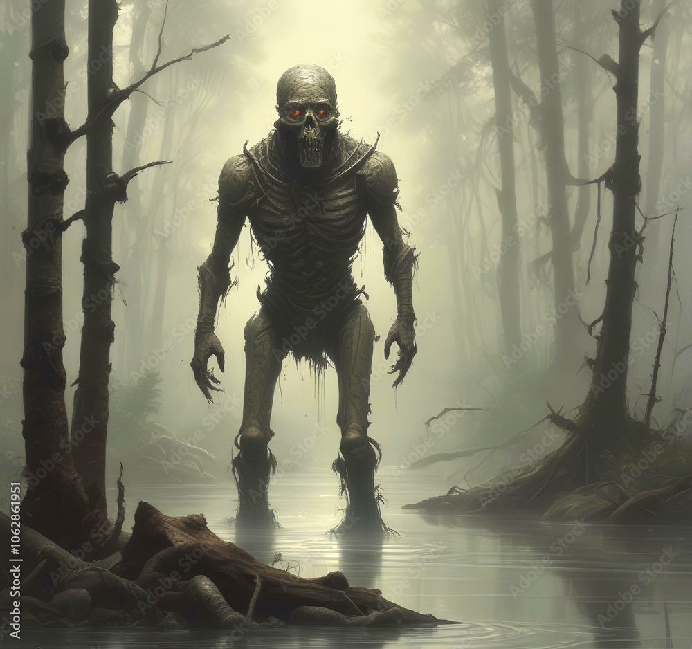 Illustration of creepy mummy with dark landscape.