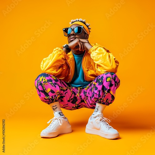 A young man in a squat pose with a retro look, wearing sunglasses, a yellow jacket, a turquoise shirt, pink and black pants, and white sneakers.
