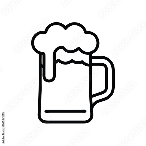 Beer mug with foam outline icon, Simple black and white outline icon of a beer mug with foam on top, symbolizing celebration or drinks, isolated on a white background.