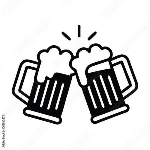 Beer mugs clinking outline icon, Black and white outline icon of two beer mugs clinking with foam spilling over, representing celebration or cheers, isolated on white.