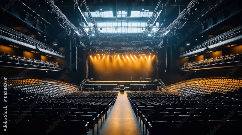 Fototapeta premium Large empty auditorium with stage and rows of seats, illuminated by spotlights, featuring modern architecture and extensive lighting rigs in a concert hall setting.