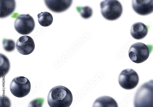 Fresh ripe flying blueberries with green leaves frame with empty space. Realistic 3d vector natural border with fruits for healthy food packaging design. Wild forest dark juicy berry with greenery.