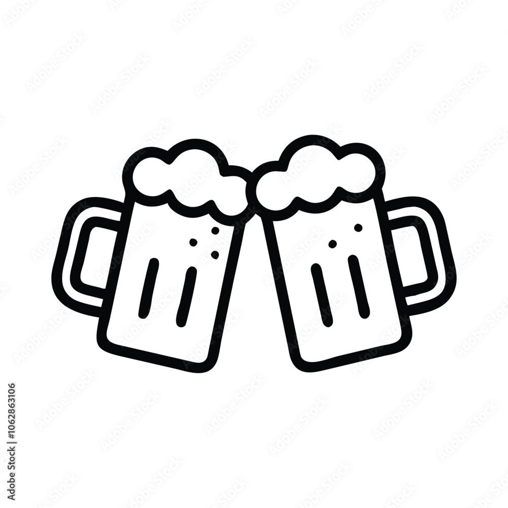 Beer mugs clinking outline icon, Black and white outline icon of two beer mugs clinking with foam spilling over, representing celebration or cheers, isolated on white. Beer mugs clinking outline icon, Black and white outline icon of two beer mugs clinking with foam spilling over, representing celebration or cheers, isolated on white.