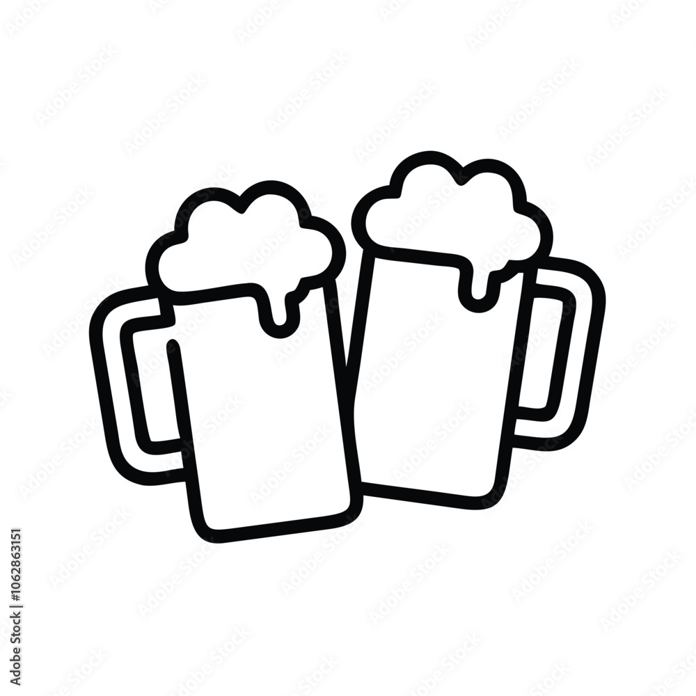 Beer mugs clinking outline icon, Black and white outline icon of two beer mugs clinking with foam spilling over, representing celebration or cheers, isolated on white. Beer mugs clinking outline icon, Black and white outline icon of two beer mugs clinking with foam spilling over, representing celebration or cheers, isolated on white.