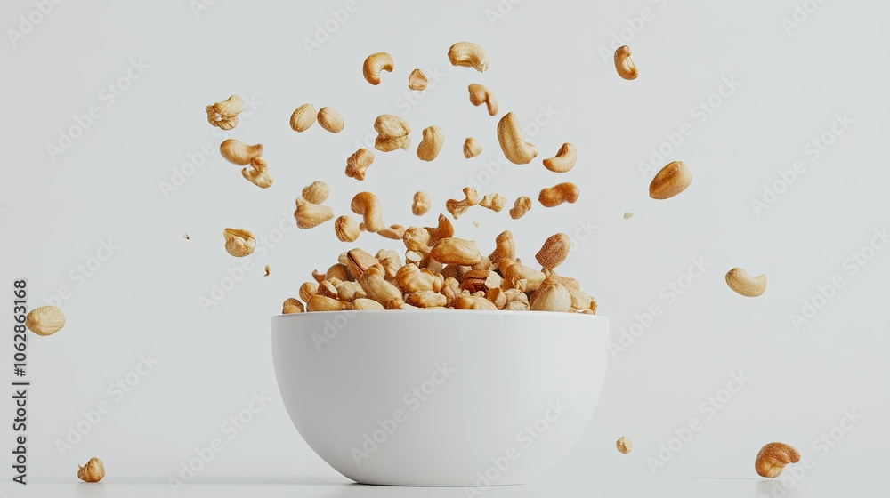 A range of nuts dropping into a white bowl, isolated against a plain white backdrop. A range of nuts dropping into a white bowl, isolated against a plain white backdrop.