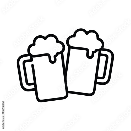 Beer mugs clinking outline icon, Black and white outline icon of two beer mugs clinking with foam spilling over, representing celebration or cheers, isolated on white.