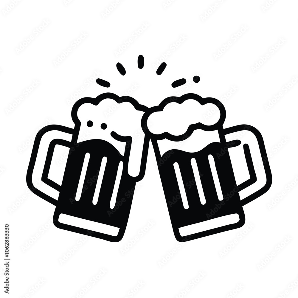 Beer mugs clinking outline icon, Black and white outline icon of two beer mugs clinking with foam spilling over, representing celebration or cheers, isolated on white. Beer mugs clinking outline icon, Black and white outline icon of two beer mugs clinking with foam spilling over, representing celebration or cheers, isolated on white.