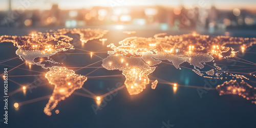  The world map is a collection of information light rays displayed with holographic technology, finance, logistics, technology, trade, background, wallpaper