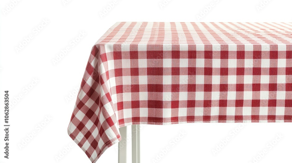 A red and white checkered tablecloth isolated on a clean white background, ideal for cozy, rustic dining settings. A red and white checkered tablecloth isolated on a clean white background, ideal for cozy, rustic dining settings.