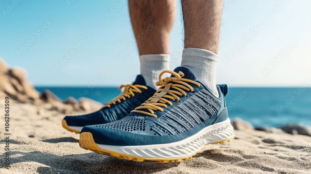 Naklejka premium Close-up of a person wearing sporty blue and yellow sneakers on sandy beach with sea in the background
