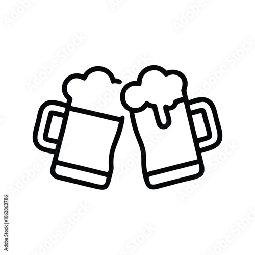 Beer mugs clinking outline icon, Black and white outline icon of two beer mugs clinking with foam spilling over, representing celebration or cheers, isolated on white.