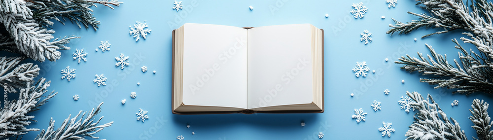 Opened book, snowflakes and snow-covered Christmas tree branches on a blue background, created with Generative AI technology Opened book, snowflakes and snow-covered Christmas tree branches on a blue background, created with Generative AI technology