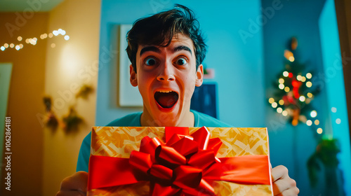 A young man excitedly unwraps a large gift wrapped in bright packaging, with a prominent red bow.