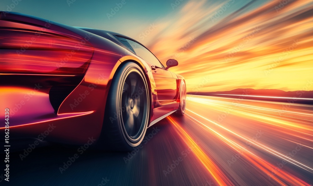 Naklejka premium Sporty car with glowing trails on a sunset road