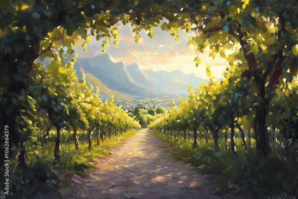 Naklejka premium Explore a Lush Grapevine Vineyard Path - A Taste of Vineyard Beauty