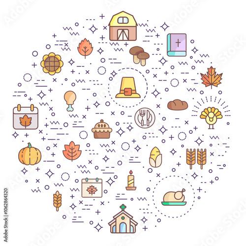 Simple Set of Thanksgiving Related Vector Line Illustration. Contains such Icons as autumn, food, drink, celebration, Pilgrims, decorations, farming, gifts, nature, produce and more.