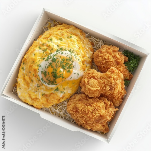 Omelett roll and chicken crunchy flour fried on paper meal box white isolated photo