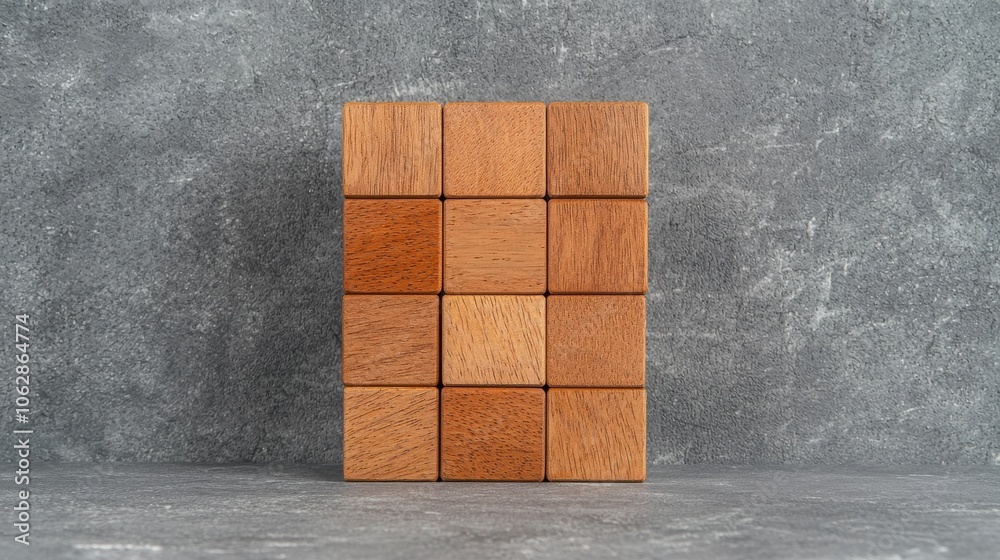 Obraz premium A collection of wooden cubes arranged neatly on a textured surface, showcasing various shades of brown and grain patterns.