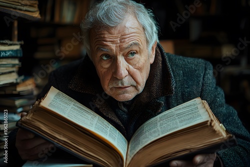 Elderly man immersed in ancient book in a dimly lit library