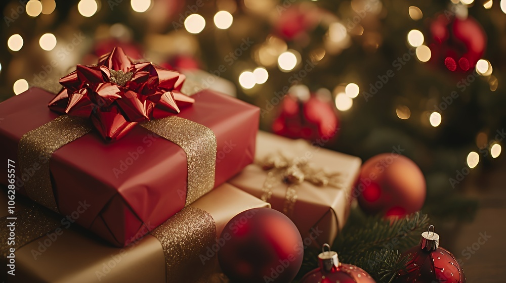 Stack of wrapped Christmas presents with a red bow and gold ribbon in front of a decorated Christmas tree. Stack of wrapped Christmas presents with a red bow and gold ribbon in front of a decorated Christmas tree.