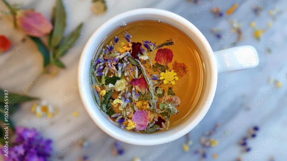 A calming herbal tea blend featuring functional ingredients like ashwagandha, chamomile, and lavender, designed to reduce stress and promote relaxation, perfect for winding down after a long day A calming herbal tea blend featuring functional ingredients like ashwagandha, chamomile, and lavender, designed to reduce stress and promote relaxation, perfect for winding down after a long day