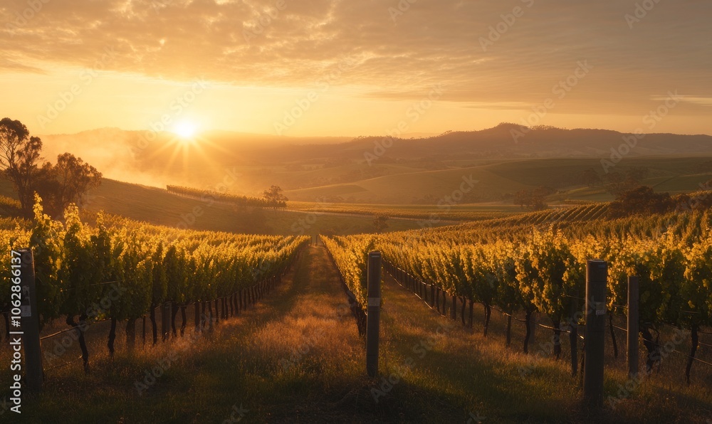 Obraz premium Stunning sunrise over scenic countryside vineyards With copy space for text