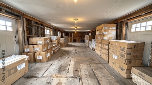 A spacious storage facility filled with neatly stacked boxes awaiting distribution during daylight hours. Generative AI