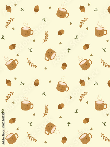 cozy autumn floral and coffee seamless pattern