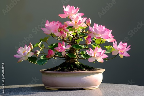 A delicate flowering lotus bonsai tree with vibrant pink blooms, elegantly displayed in a round ceramic pot. The colorful flowers add a touch of elegance to the scene. 