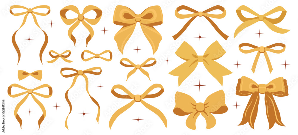 Fototapeta premium Gold bow illustration set. Simple hand drawn ribbon bow collection. Vector ribbons, silk bows for gifts, present knots, wrap pack. Bowknot for decoration, collection sillouette for celebration design 