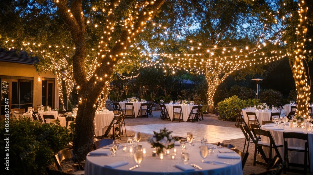 Fototapeta premium Outdoor Wedding Reception Under Twinkling Lights