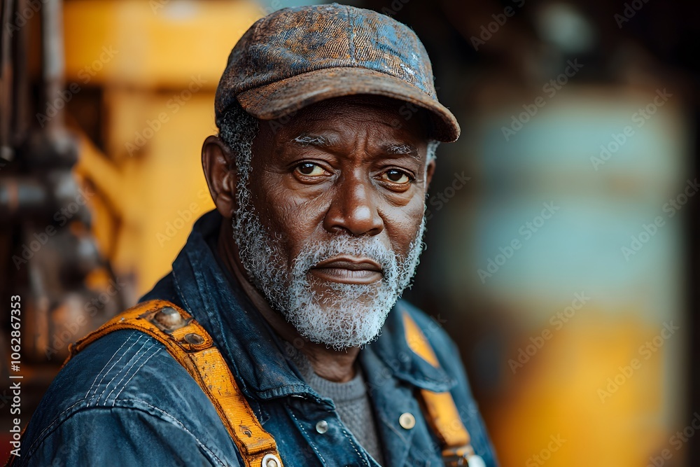 Elderly worker in denim overalls and cap portrait Elderly worker in denim overalls and cap portrait