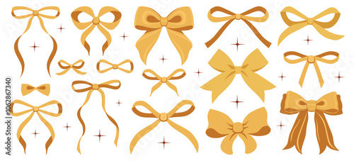 Gold bow illustration set. Simple hand drawn ribbon bow collection. Vector ribbons, silk bows for gifts, present knots, wrap pack. Bowknot for decoration, collection sillouette for celebration design 