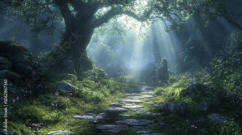 Mystical Forest Path with Sunbeams and Stone Steps