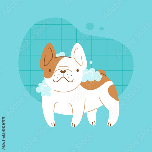 Washing a dog with shampoo. Cartoon vector puppy in soap foam. Cute french bulldog takes a shower.