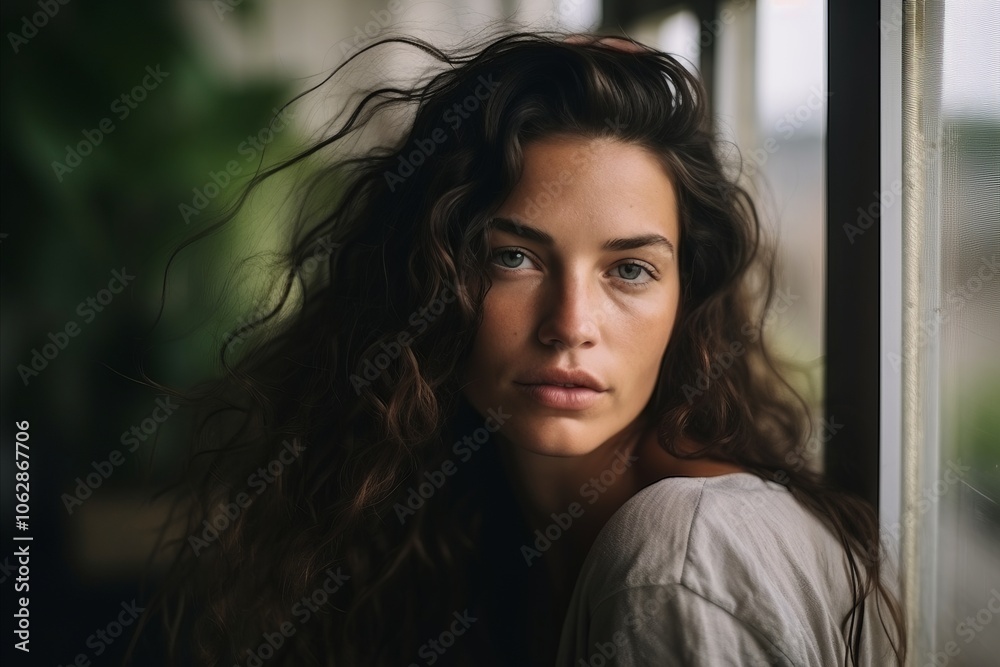Portrait of a beautiful young woman with long curly hair looking at camera Portrait of a beautiful young woman with long curly hair looking at camera