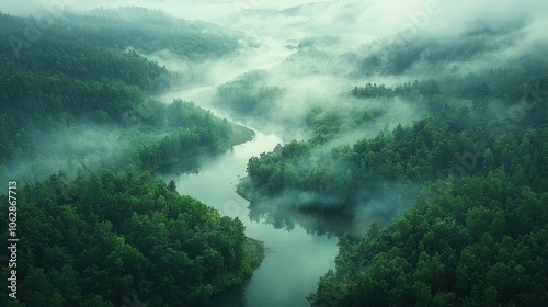 Aerial View of Winding River Through Lush Forest