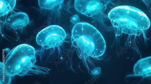 Bioluminescent Silk Organisms with Aqua Glows: Ethereal Digital Background for Deep Sea Expeditions and Marine Research. High-Resolution, Gentle Pulsations and Natural Depth.