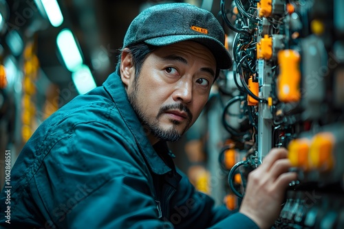 Technician inspecting electrical equipment in industrial setting for maintenance