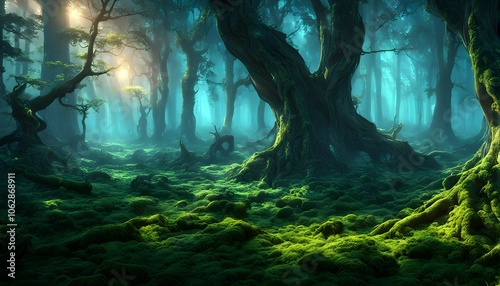 ethereal mystical forest scene with digital glow effects