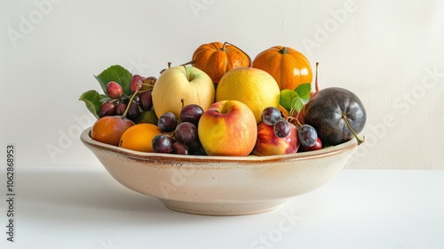 Minimalistic arrangement of assorted autumn fruits in a ceramic dish, creating a focal point against a blank background