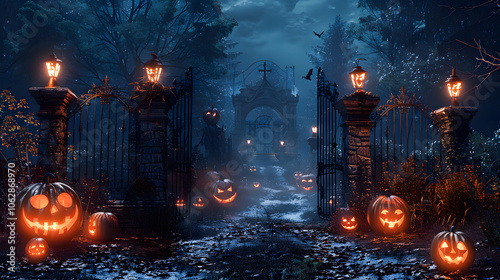 Cemetery entrance gate with scary Halloween pumpkins