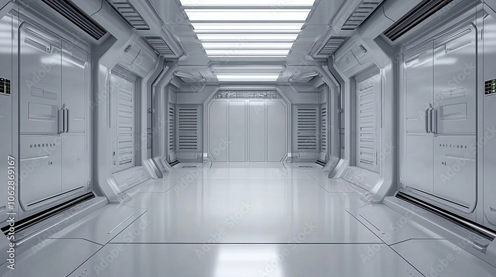 A sleek, futuristic hallway with metallic walls and bright lighting, suggesting a sci-fi environment. A sleek, futuristic hallway with metallic walls and bright lighting, suggesting a sci-fi environment.