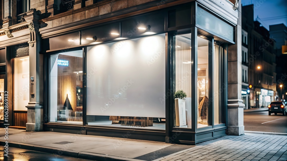 Blank storefront window in city at night. Blank storefront window in city at night.