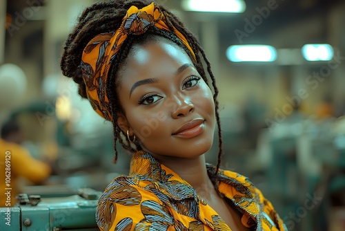 Confident woman in vibrant attire in industrial setting photo